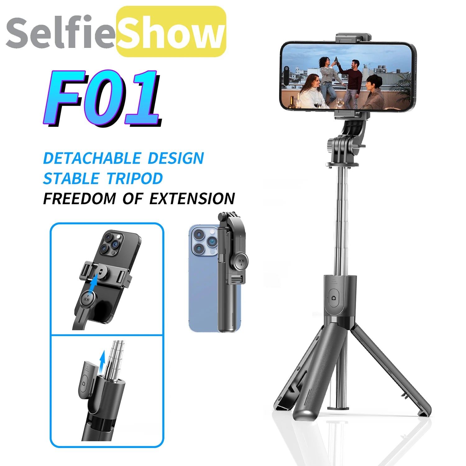 SelfieshowF01 Wireless Bluetooth Remote Tripod Selfie Stick Handheld Adjustable Stabilizer Tripod Phone Stand for iPhone Android